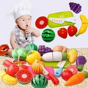 Happy Date 1Set Cutting Play Food Toy for Kids Kitchen, Pretend Fruit &Vegetables Accessories, Plastic Mini Dishes and Knife, Educational Toy for Toddler Children Birthday Gift